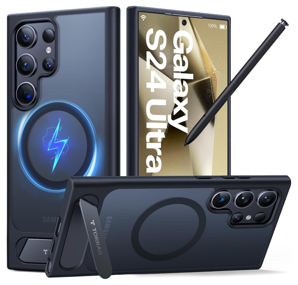 TORRAS Strong Magnetic & Seamless Stand for Samsung Galaxy S24 Ultra Case, Fit for MagSafe, MilGrade Drop Protection, Kickstand for Samsung Galaxy S24 Ultra Case, Translucent Back/Black Edge