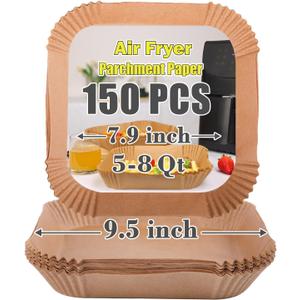 GOAUS Air Fryer Square Paper Liners Disposable Large 150 Pcs for 5 to 8 Qt Basket, 7.9 inch Unbleached Non-stick Oil-proof Parchment Paper