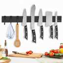 Dmore magnetic knife holder for wallwith 3 hooks, No Drilling 16 Inch black knife magnetic strip, Powerful knife magnet rack, include Adhesive Tape and screws for Knives, Utensils, and Tools