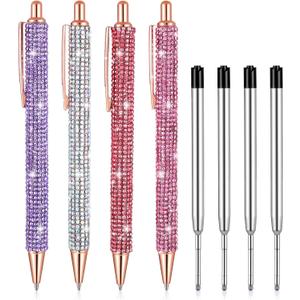 4 PCS Bling Rhinestone Sparkly Pens Crystal Glitter Metal Ballpoint Cute Fancy Ink Pen with 4Pcs Refills Colorful Desk Accessory for Women Office Birthday School Christmas Graduation