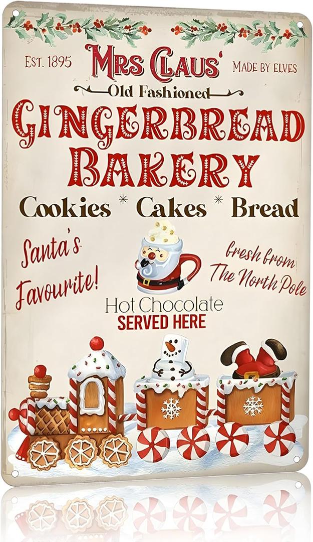 Artlunar Vintage Christmas Decor Gifts Rustic Christmas Mrs Claus Old Fashioned Gingerbread Bakery Tin Sign for Home Farmhouse Kicthen Cafe Bar Wall Decor 8 x 12 inches (3245)