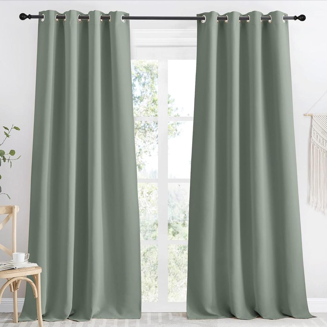 NICETOWN Blackout Greyish Green Curtain 96 inch Length for Bedroom, W55 x L96, 1 Panel, Thermal Insulated Grommet Room Darkening Window Drape Sound Dampening for Living Room