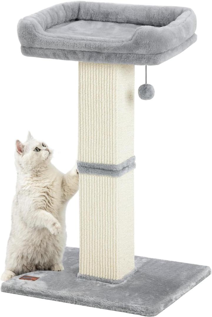 32" Cat Scratching Post for Indoor Cats, Sisal Cat Scratcher with Plush Perch, Large Scratch Post with Bed, Removable Cover, Sisal Fabric,Light Grey