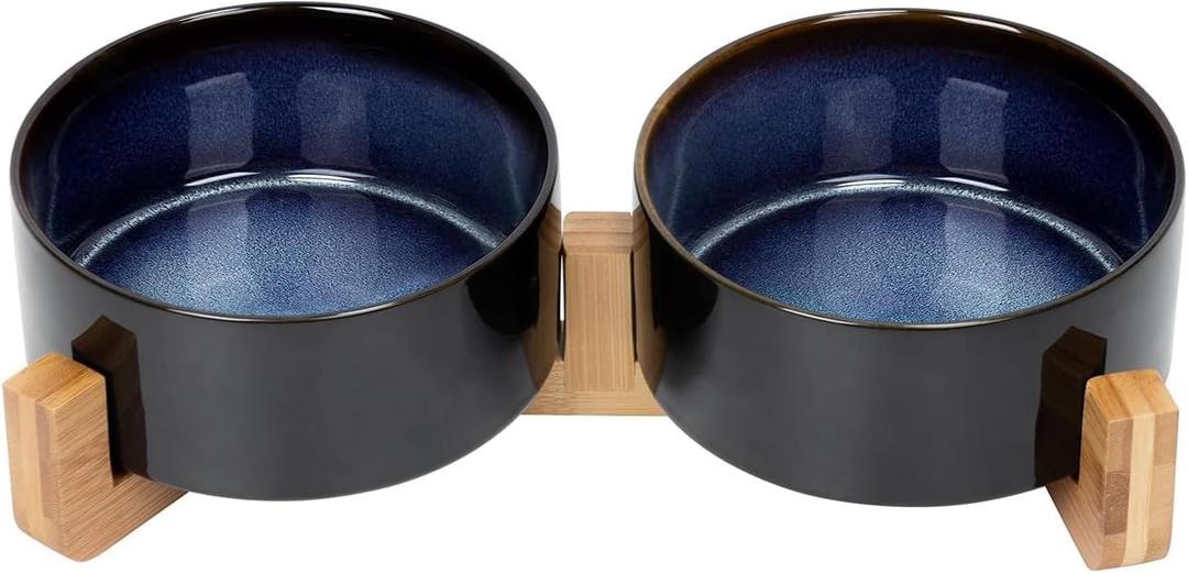 SPUNKYJUNKY Ceramic Dog and Cat Bowl Set with Wooden Stand, Modern Cute Weighted Food Water Set for Small Size Dogs (13.5OZ) & Medium Sized Dogs (28.7OZ) & Cats (3.6 Cups, 2  Starry Blue)