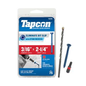 Tapcon 3/16 x 2-1/4 Inch Blue Climaseal Star Head Concrete Anchors, 75 PCS, Corrosion Resistant Coating, Heavy-Duty Concrete and Masonry Screws, Superior Holding Strength, Drill & T-25 Bit Included
