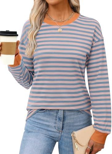 ANRABESS Long Sleeve Shirts for Women Striped Crewneck Loose Fit Tunic Tops 2025 Fall Color Block T-Shirt, M