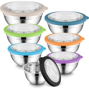 E-far Mixing Bowls Set of 7, Stainless Steel Mixing Bowls with Airtight Clear Lids, Metal Nesting Bowls for Kitchen Prep, Baking, Serving, Dishwasher Safe, Size 4.6, 3.5, 3, 2, 1.5, 1, 0.7QT, Colorful (Multicolor)