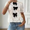 GORGLITTER Women's Floral Peplum Tops Bow Sheer Short Sleeve Ruffle Blouses Cute Babydoll Tops Summer Going Out Outfits (White, S)