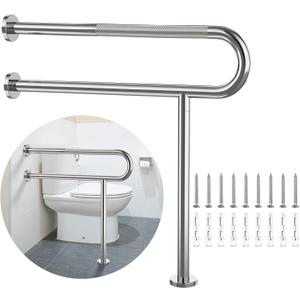 Toilet Support Rail 31.3X 31.5 Inch, Munzong Anti-Slip Chrome Handicap Grab Bar for Bathroom, Stainless Steel Knurled Safety handrails with Leg for Elderly Disabled Pregnant-1.25Tube