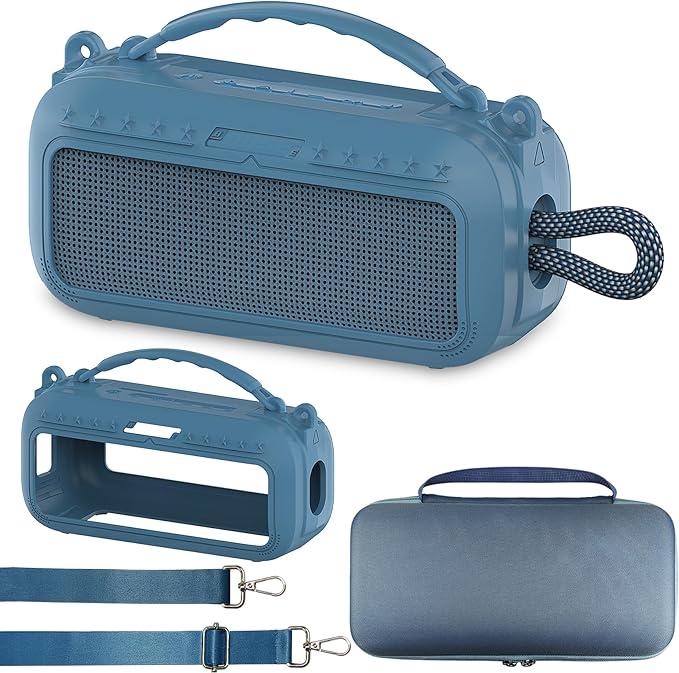 JCHPINE Silicone Cover and Hard Carrying Case for Bose SoundLink Plus Speaker, Protective Silicone Case with Handle and Shoulder Strap (Blue Case)