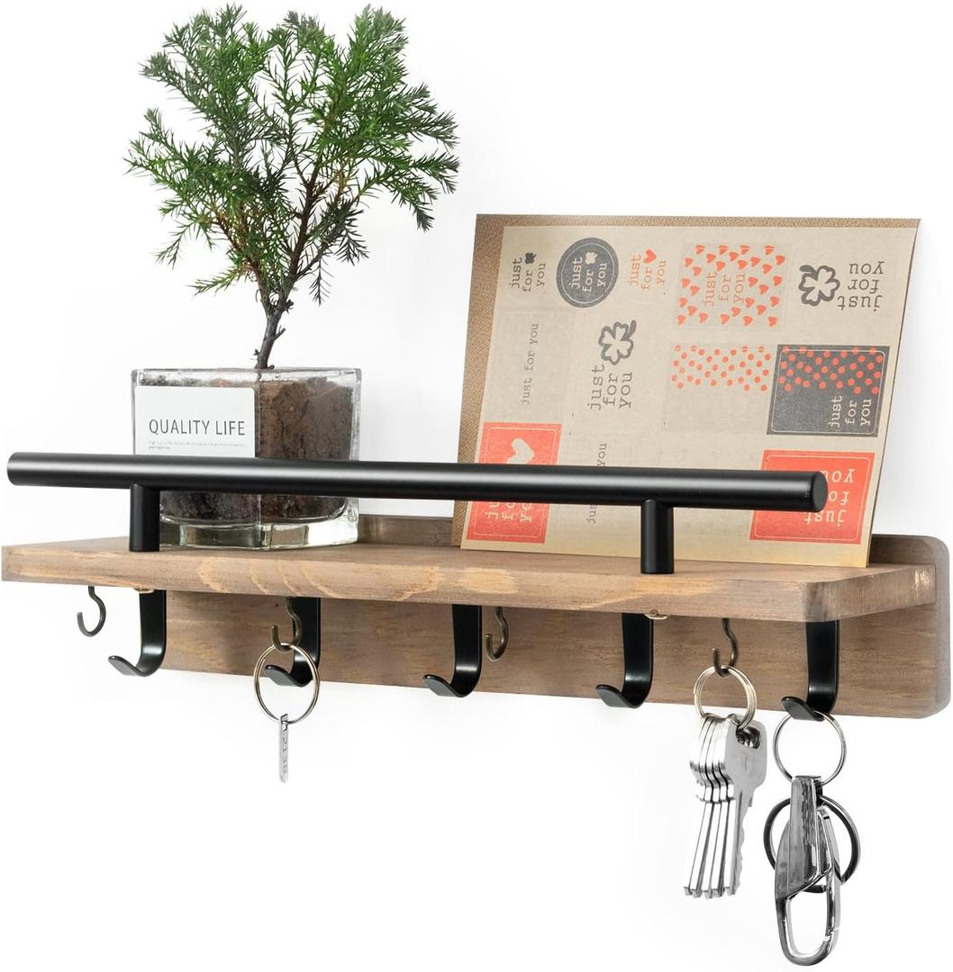 Key Holder Wall Mount Shelf and Hook Key Holder for Wall with 9 Hooks and Mail Organizer Tray Key Hanger Wall Mount for Entryway (Natural Wood)