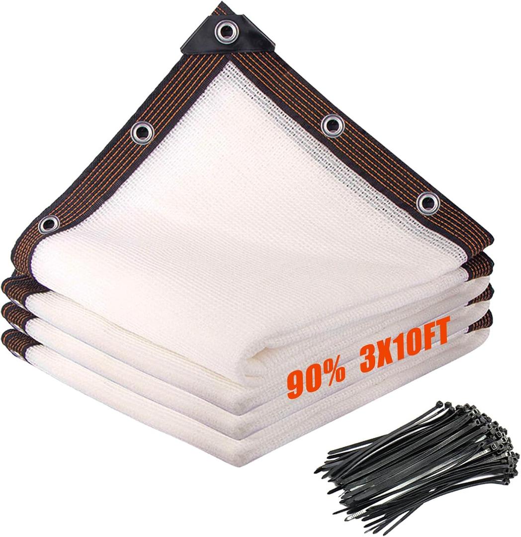 90% Fence Privacy Screen,3x10FT Shade Cloth Outdoor, Balcony Privacy Screen, Decor Fence Covering Privacy Patio,Blockage High Density Mesh for Yard/Garden/Plants, with Cable Zip Ties-White