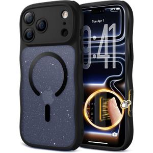 for iPhone 17 Pro Case for Women Girls,Compatible with MagSafe,Camera Control,Full Camera Protection, Cute Wave Magnetic Phone Case for iPhone 17 Pro,Black Shimme