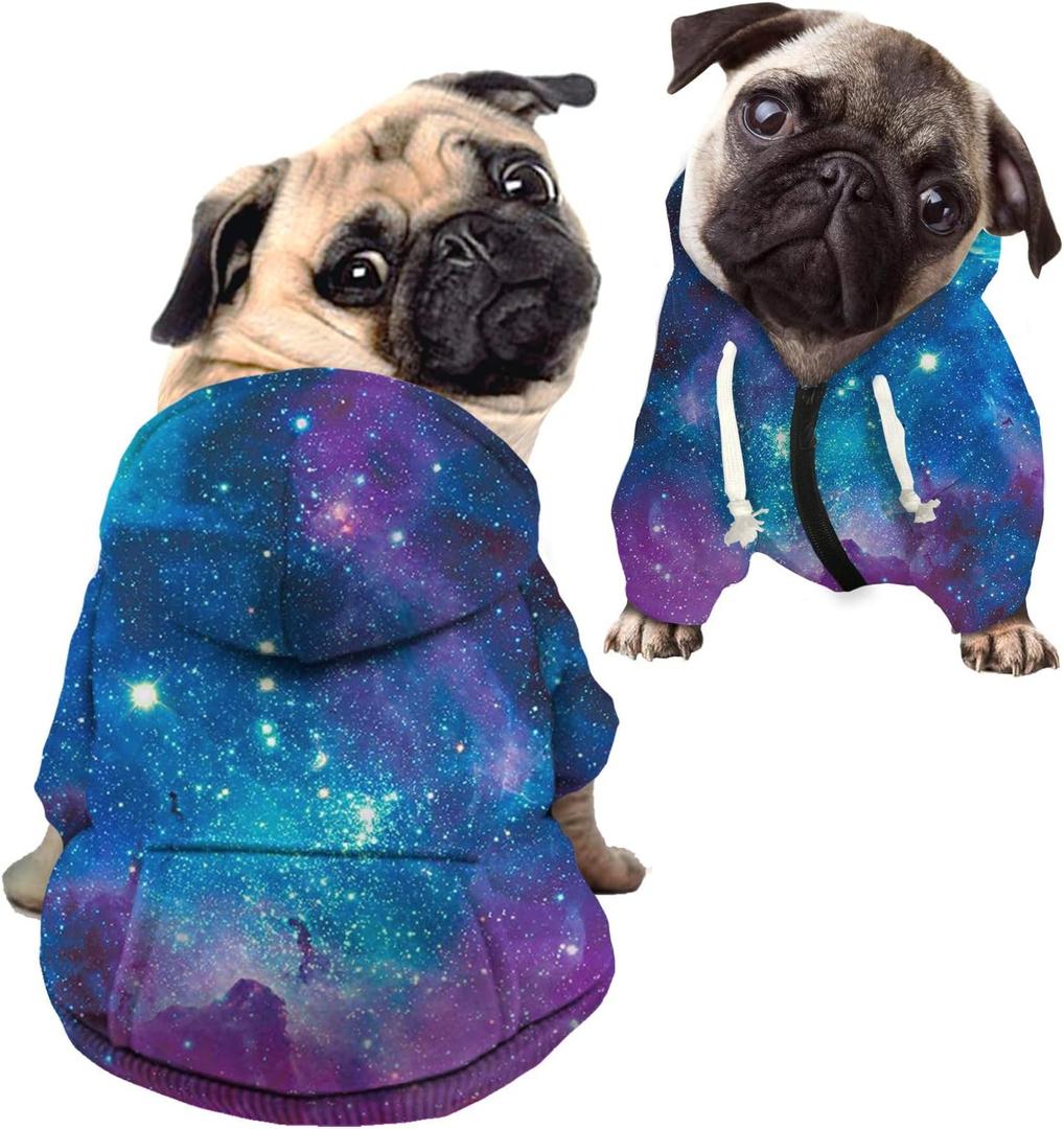 Howilath Basic Dog Hoodie - Elegant Galaxy Blue Purple Zipper Sweatshirt with Hat, Cat Hooded Shirts Sweatshirts Puppy Costumes - S