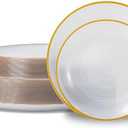 N9R 60PCS White Plastic Plates with Gold Rim, Elegant Disposable Plates, Circular Ribbed Design, 30 Dinner & 30 Dessert Plate for Parties, Weddings, Banquets, and Events (Translucent White)