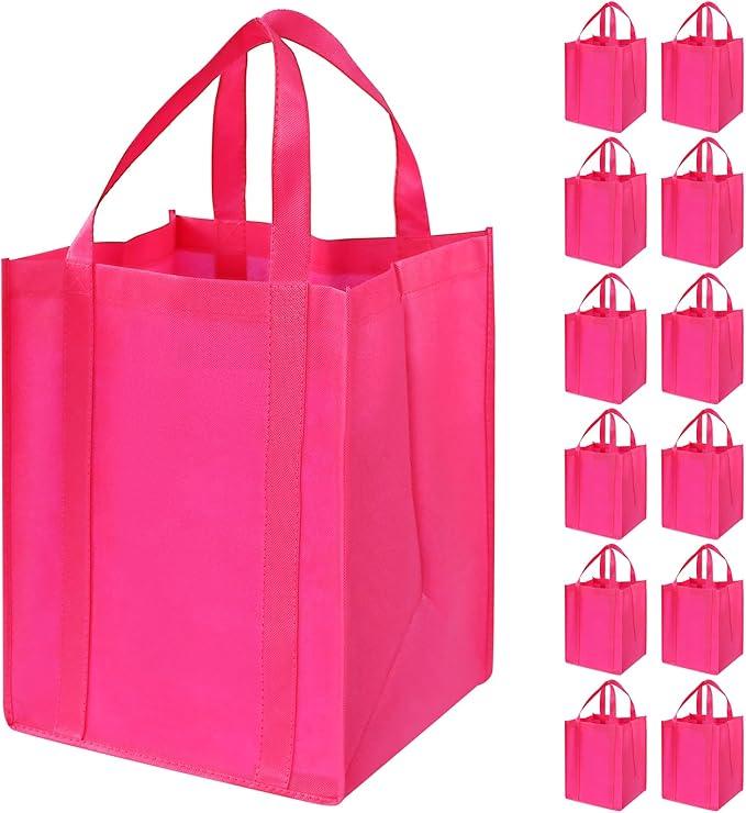 12 Pack Heavy Duty Reusable Grocery Bags - Large Shopping Totes Reinforced Handles, Holds 40 lbs, Foldable and Washable (Rose Red)