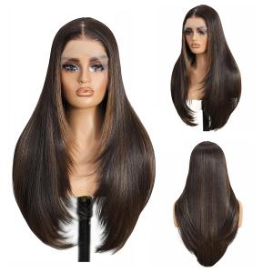 13x6 Synthetic Lace Front Wigs For Black Women Highlight Brown Mix Black Wigs 26 Inch Long Layered Straight Wigs For Women 100% Futura Premium Wigs With Bangs Beginner Friendly Daily Party Use