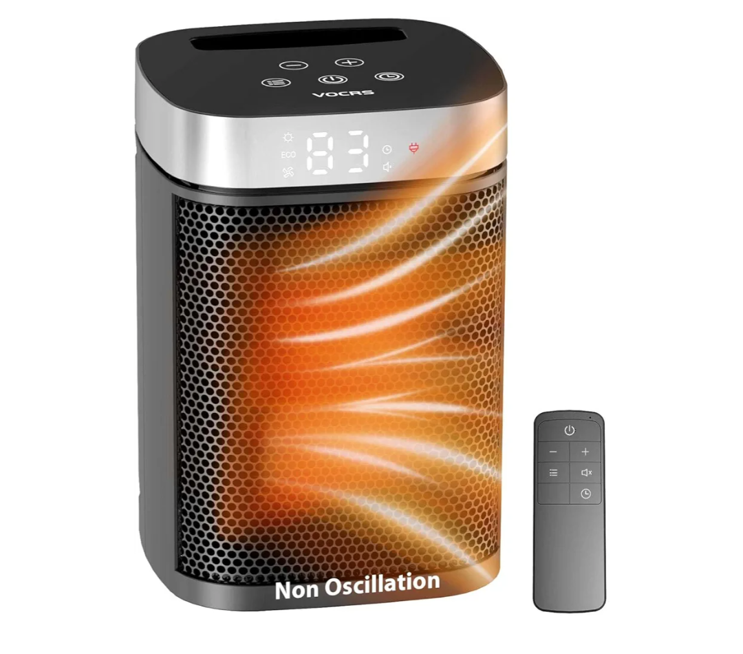 Small Portable Space Heater for Indoor Use - VOCRS 1500W PTC Electric Heater with Thermostat, Remote Control, 12H Timer, Eco and Fan Mode, Rapid and Safe Heating for Bedroom, Office