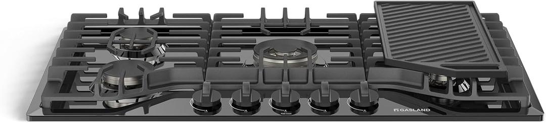 GASLAND Gas Cooktop 36 Inch with Griddle, 5 Burner Propane Stovetop with Reversible Cast Iron Grill/Griddle, Gas Countertop Plug-in, NG/LPG Convertible Cooktops, Black