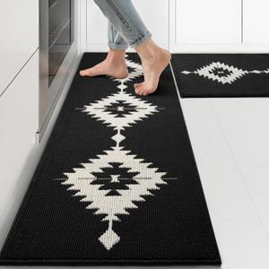 Farmhouse Kitchen Rugs Sets of 2, Black and White Kitchen Mat Set for Floor Non-Slip Washable, Absorbent Resist Dirt Polypropylene Large Long Runner Rug, Western Boho Rug for Sink,24x35+24x59