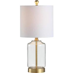 JONATHAN Y 19.5" Brass Gold and Clear Glass Table Lamp, Glam Transitional Bedside Lamp for Living Room Nightstand, White Linen Drum Shade, LED Bulb Included JYL1033A