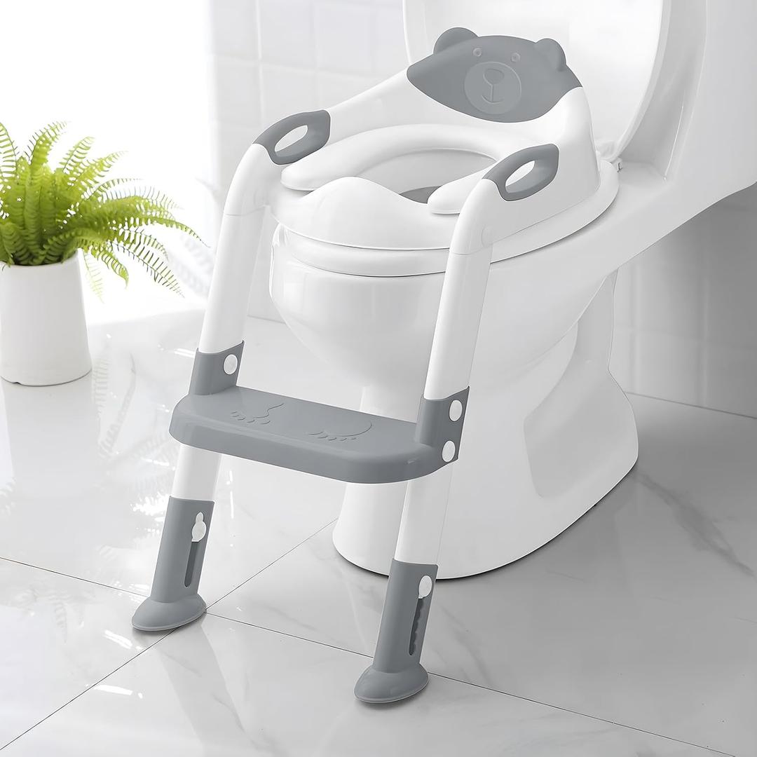 Potty Training Seat with Step Stool Ladder, SKYROKU Potty Training Toilet for Kids Boys Girls Toddlers - Comfortable Safe Potty Seat with Anti-Slip Pads Ladder Grey (8838-grey)