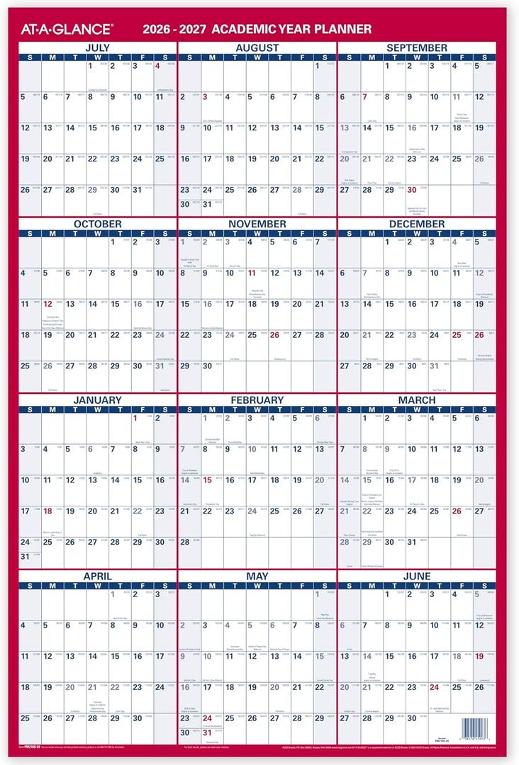 AT-A-GLANCE Dry Erase Calendar 2026-2027 Academic & Regular Year Wall Planner, 12-Month, 24" x 36", Double Sided, Vertical (PM210S28)