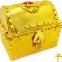 Kids Pirate Treasure Chest Large Size Storage Box, Gem-encrusted Gold Decorative Chest with Lock and Key for Kids Birthday, Halloween, Christmas Pirate Party Favors