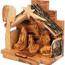 Olive Wood Nativity Set with Figurines  Natural Bark Roof Stable  Handmade Christian Christmas Decoration  Holy Land Gift  Made in Bethlehem  Religious Manger Scene Display