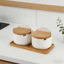 Ceramic Condiment Pots - Sugar Bowl with Lid and Ceramic Spoon Salt and Sugar Container Sets for Home Kitchen Coffee Tea Sugar Canister Set with Serving Tray