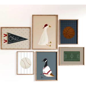 Sports Nursery Wall Art Decor Vintage Boys Room Canvas Pictures Baseball Sport Wall Decor Toddler Boys Basketball Poster Nursery Goose Prints Artwork for Kids Bedroom 12x16 Inch Unframed Set of 6