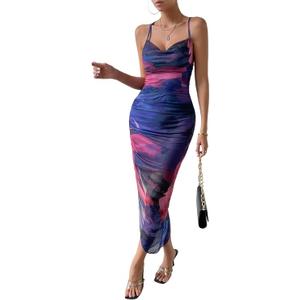 Women's Tie Dye Cowl Neck Split Hem Bodycon Cami Dress Backless Long Dresses Size M