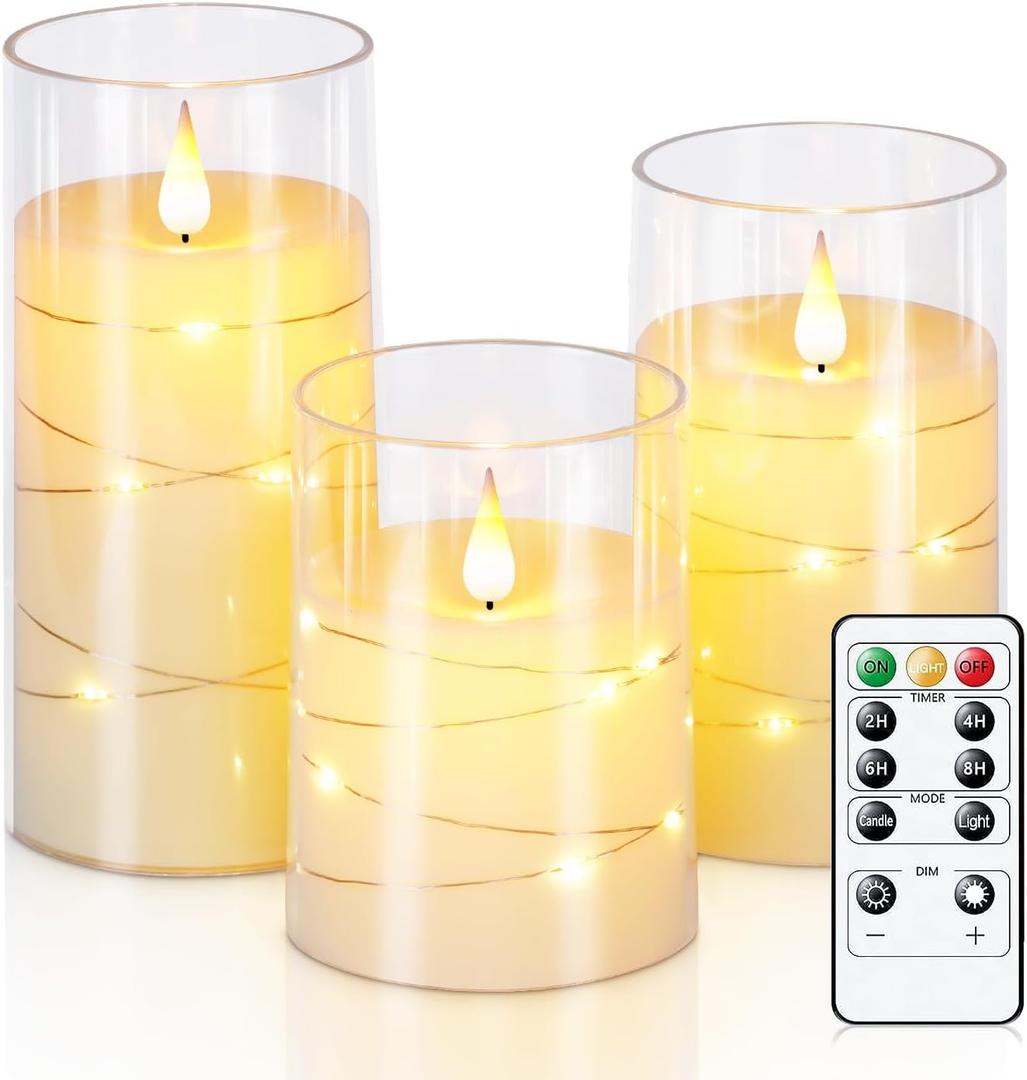 Homemory Flickering Flameless Candles with String Lights, Battery Operated Candles, Embedded String Lights LED Candles, Unbreakable Plexiglass Candle with Remote, Set of 3, Ivory White