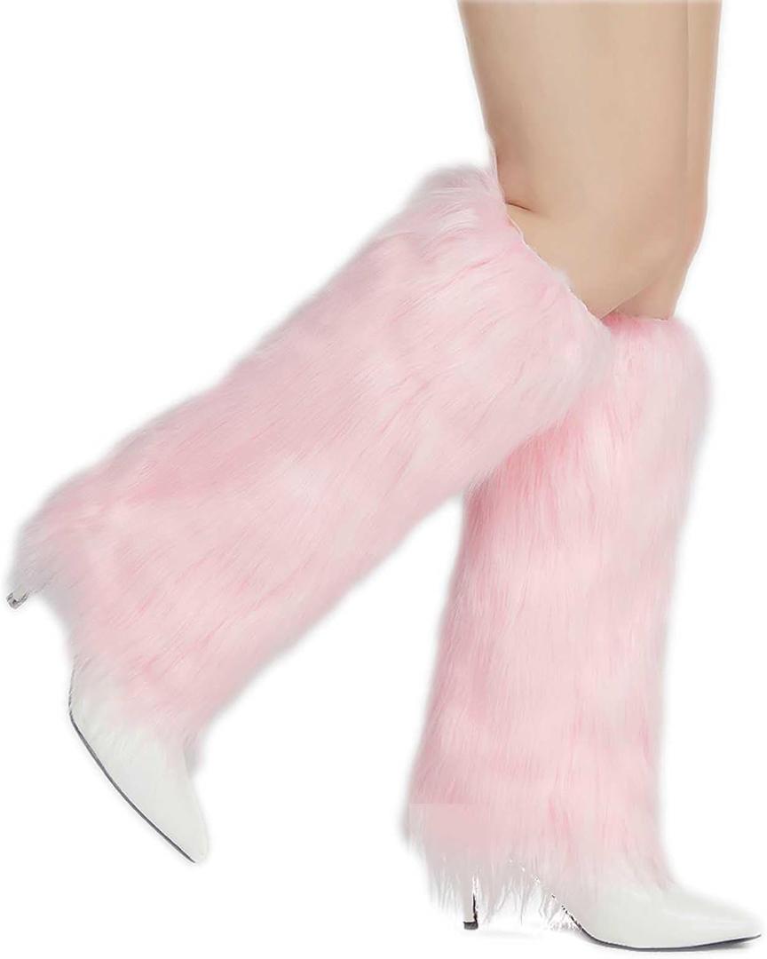 RECECASA Faux Fur Leg Warmers for Women, Fluffy Boot Cuffs Covers for Halloween, Christmas,Furry Costume Cute Cosplay (Pink L, 15.7 inch)