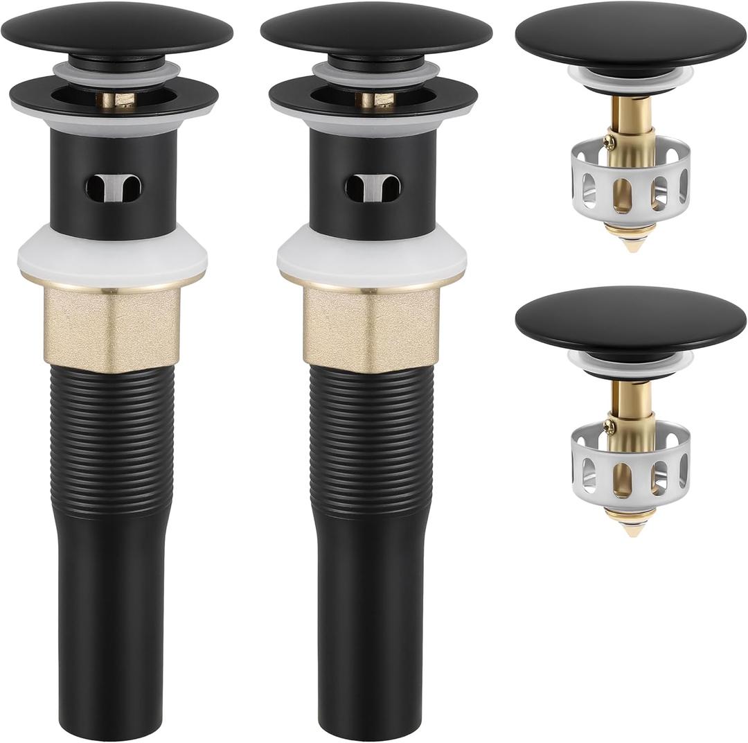 KES All Metal Bathroom Sink Drain with Overflow, 2 Pack, Lavatory Vanity Pop Up Drain with Detachable Hair Catcher, Rustproof 18/8 Stainless Steel, Matte Black, S2013A-BK-P2