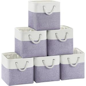 Large 11x11 Inch Cube Storage Bins with Cotton Handles for Closet, Shelves, Clothes, Towel (White/Purple-6 Pack)