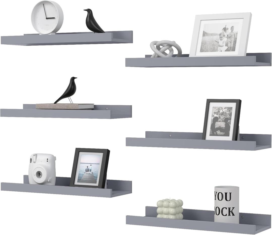 Floating Shelves Set of 6, Grey Wall Shelves with Lip, Display Shelves for Wall Decor, Modern Picture Ledge for Living Room, Bedroom, Nursery, Bathroom, Pictures, Books, Plants- Grey