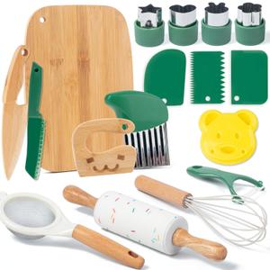 17 PCS Kids Knife Set for Real Cooking, Montessori Kitchen Tools for Toddlers, Cooking and Baking Set for Kids Little Chefs, Crinkle Cutter, Cutting Board, Safe Knife