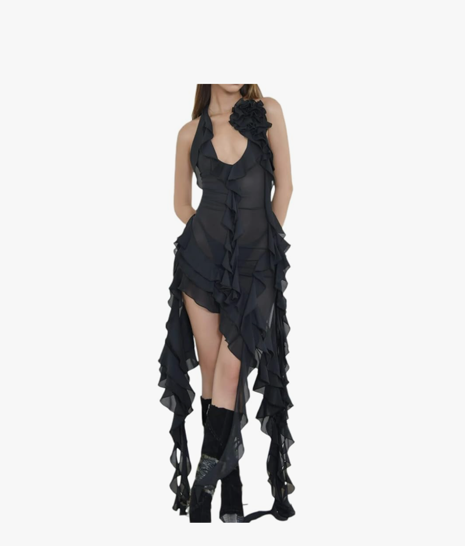 Women Y2k Ruffle Halter Dress Sexy Strapless Backless 3D Floral Dress Sheer Mesh Bodycon Dress Summer Tassels Dress(Medium)