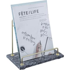 MyGift Modern Black Marble Cookbook Stand, Kitchen Countertop Recipe Holder Stand with Brass Tone Metal Rail