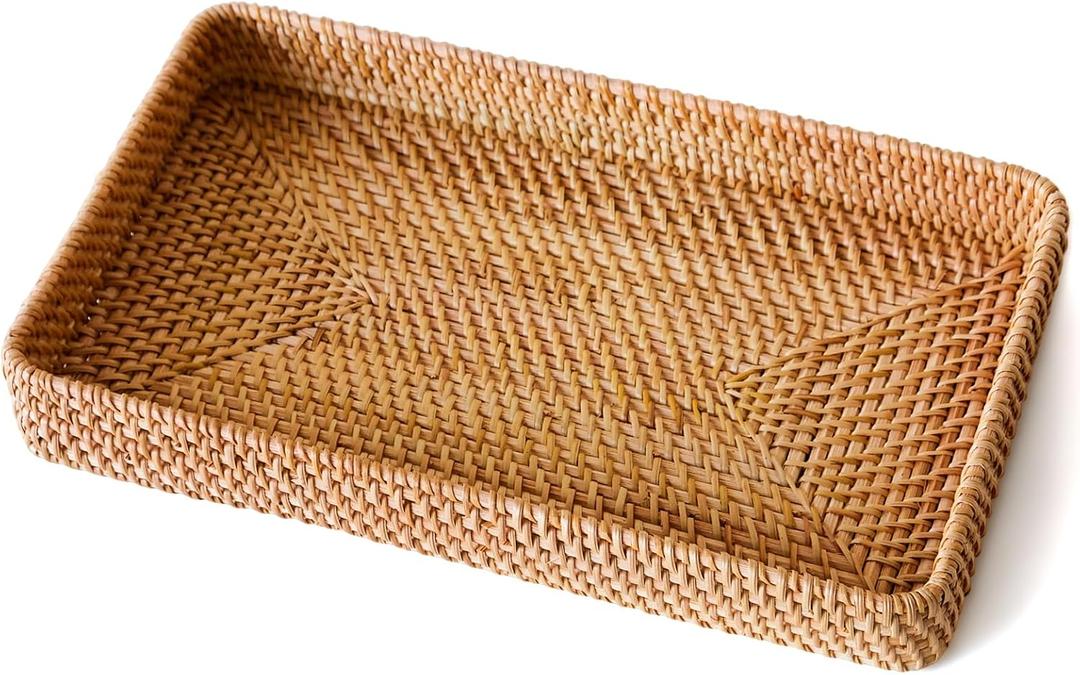 Wicker Storage Basket, Rattan Tray Rectangular for Bathroom Living Room, Decorative Serving Woven Trays Wicker Baskets for Organizing, Woven Seagrass Tray for Storage Home Decor L(14.6"  9.1")