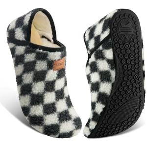 ATHMILE House Slippers for Women Men Indoor Barefoot Slippers Socks Furry Slip on House Shoes Cozy Comfy for Home Bedroom Travel Yoga Women 9-10 Black Checkered