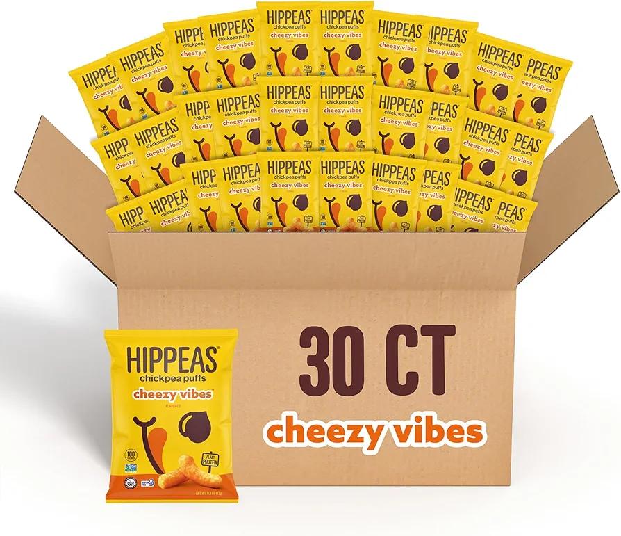 HIPPEAS Chickpea Puffs, Cheezy Vibes, Gluten Free, Dairy Free, Vegan, 0.8oz Bag, Pack of 30, 3g Protein, 2g Fiber, Crunchy Baked Plant Protein Snack, Non-GMO, Kosher. Best By: 05/04/26