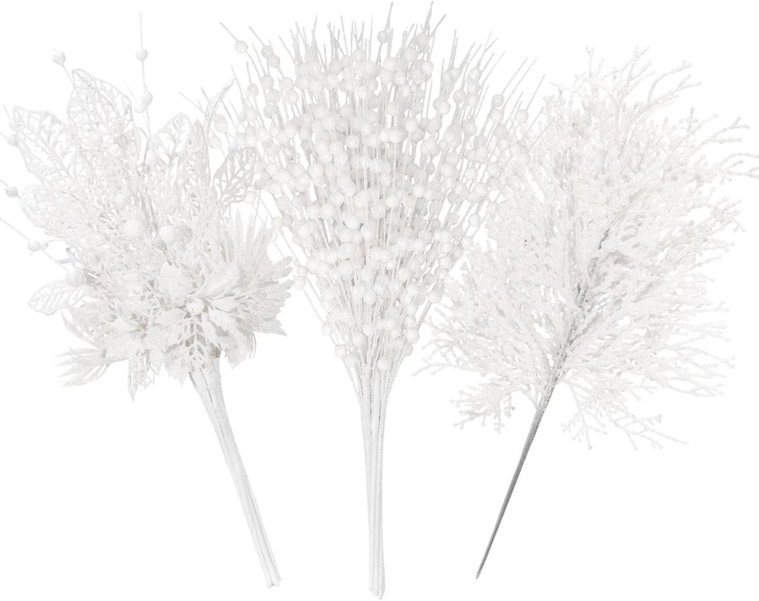 30 Pack White Christmas Tree Picks and Sprays, Christmas Tree Ornaments Artificial Flowers Glitter Berry Stems Faux Cedar Branches for Winter Wedding Holiday Party Home Garland DIY Xmas Decorations