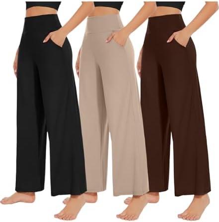NEW YOUNG 3 Pack Women's Wide Leg Pants with Pockets High Waist Loose Sweatpants Casual Lounge Yoga Workout Palazzo Large