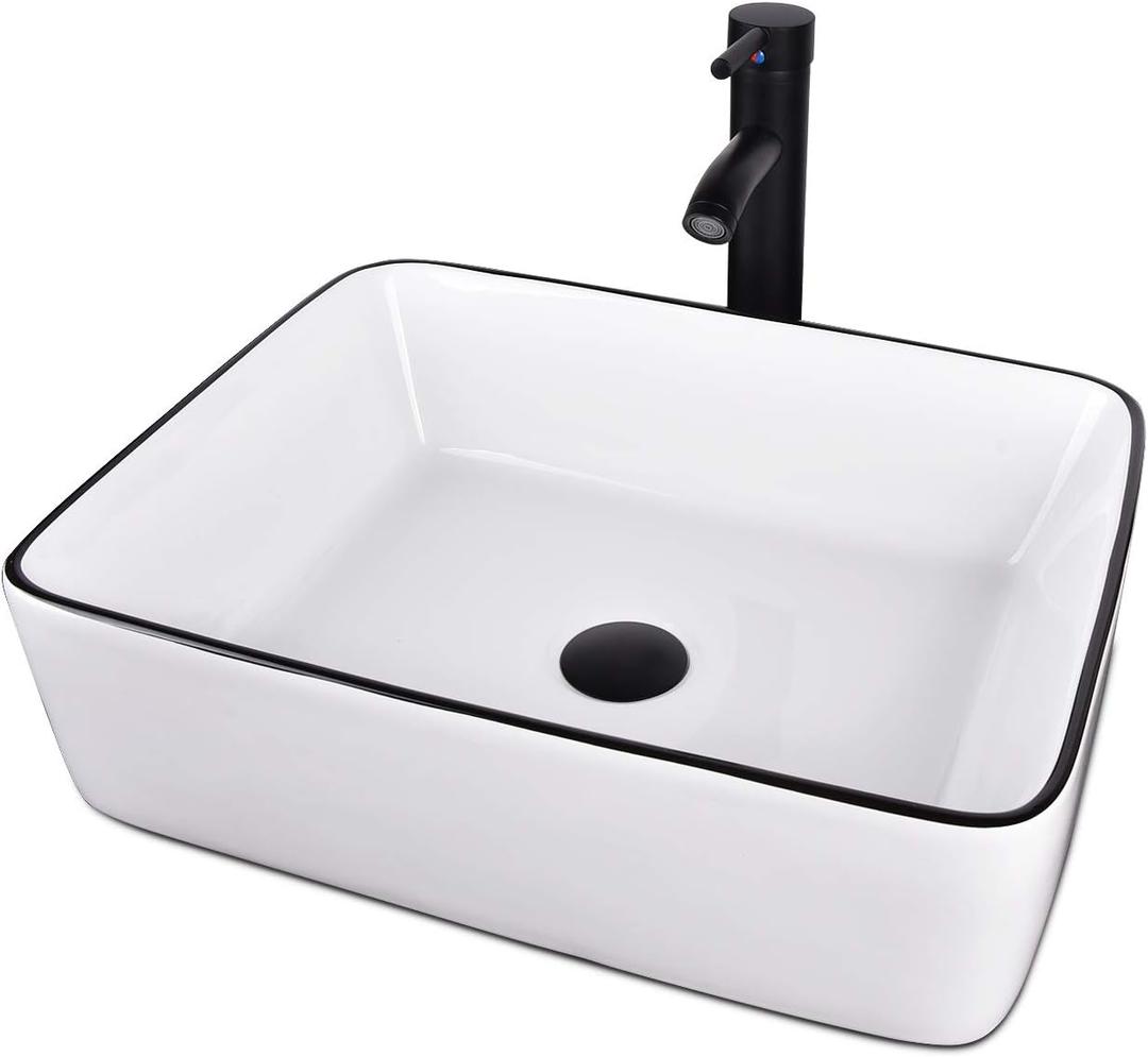 Ceramic Bathroom Sink, White 19" x 15" Above Counter Porcelain Vessel Sink with Black Faucet and Pop up drain Set, Rectangle