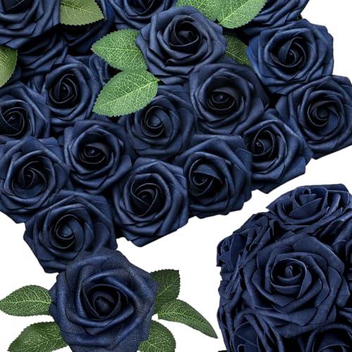 25pcs Navy Blue Artificial Flowers Decorations, Real Touch Foam Fake Rose with Stems 8 Leaves Real Looking Faux Roses for Wedding Bouquets Bridal Shower Centerpieces Arrangements Party Tables DIY