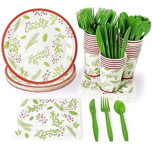 Juvale 144 Piece Christmas Party Plates, Napkins, Cups, Cutlery with Holly Berry and Leaves Design (Serves 24)