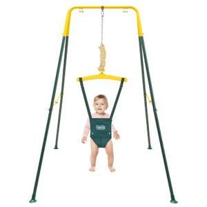FUNLIO Baby Jumper with Stand for 6-24 Months, Infant Jumper for Indoor/Outdoor Play, Toddler Bouncer for Baby Girl/Boy, with Adjustable Chain, Easy to Assemble & Store (with Stand) - Green