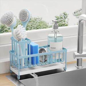 Cisily Sponge Holder for Kitchen Sink, Sink Caddy Organizer with High Brush Holder, Kitchen Countertop Organizers and Storage Essentials, Rustproof 304 Stainless Steel (Blue, 9.25)